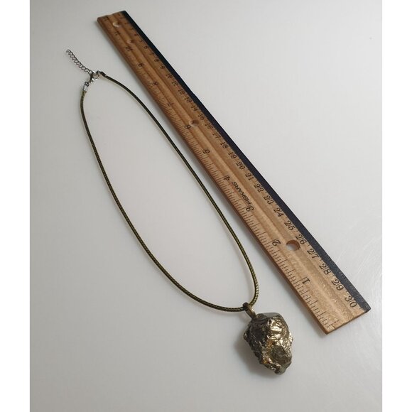 Raw Pyrite Stone Pendant Necklace Adjustable 17" To 19" Green Cord Chain Gift - Picture 4 of 4